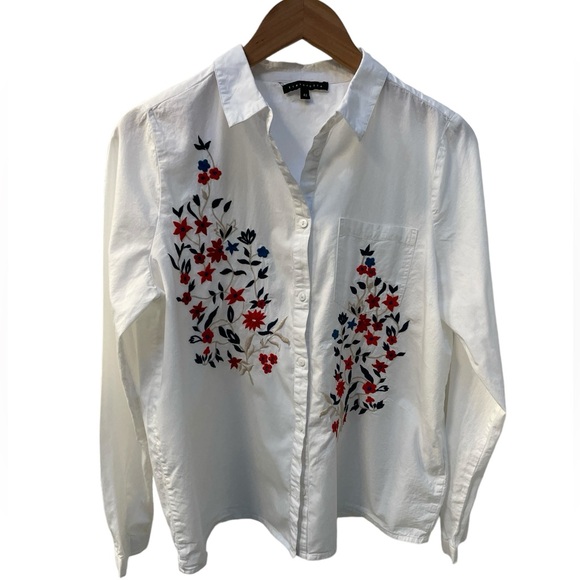 Tintoretto Anthropologie Floral Embroidered Button Down Cotton Blouse Size 42 - Picture 1 of 9